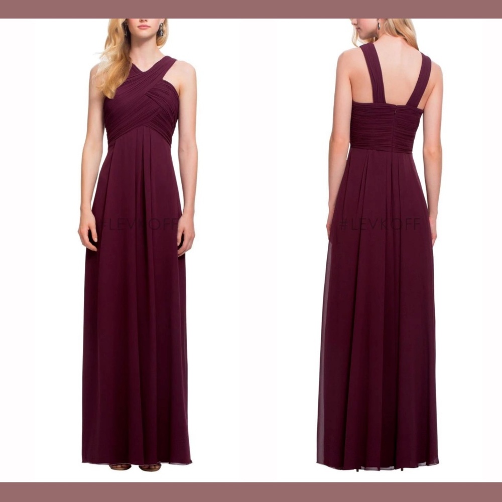NEW #Levkoff [SZ‎ 6 ] Halter Criss Cross Pleat Chiffon Gown in Wine